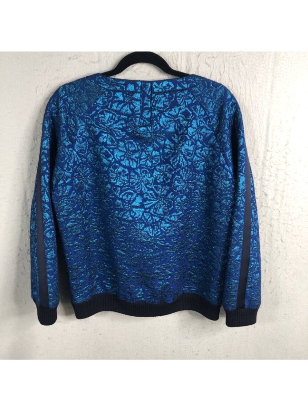 Statement Sweater Women 10 Blue Metallic Delphinium Jacquard Jewels Castle NEW - Picture 2 of 16